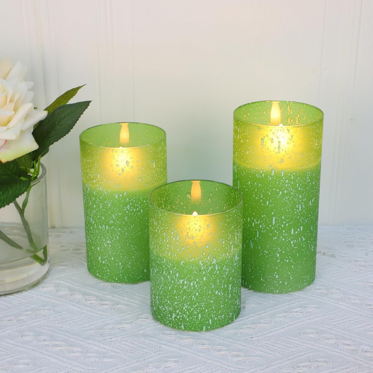 Green Flameless Candles with Remote, Glass LED Pillar Battery Operated Candles with Timer, Flickering Decorative Lights for Home Weddings Holidays Gift Set of 3
