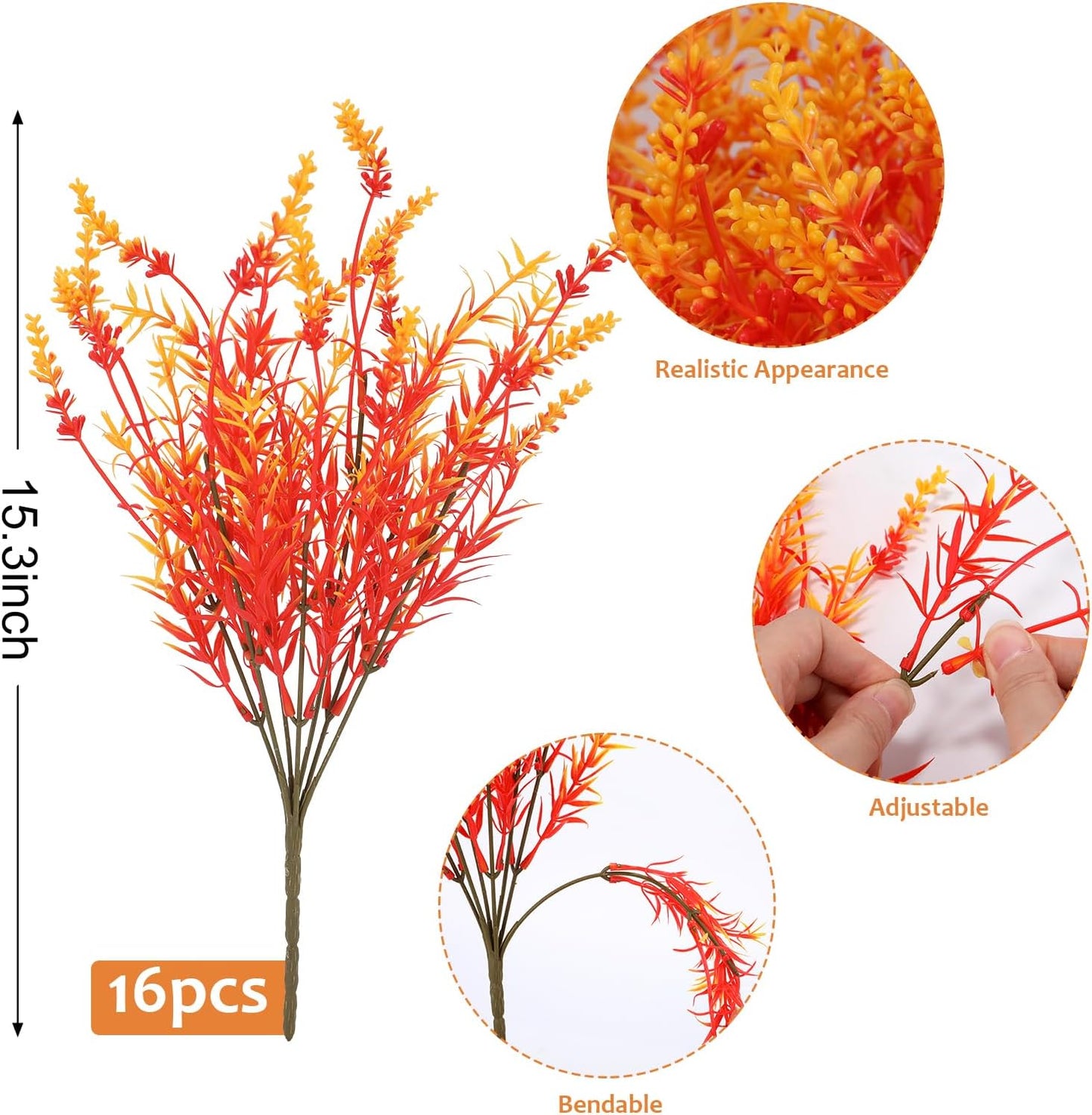 Geegoods 16 Bundles Artificial Fall Flowers Outdoor – Faux Lavender Flowers with Monkey Grass UV Resistant Plastic Faux Plants for Halloween Front Door Porch Patio Yard Balcony Decor, Orange Color