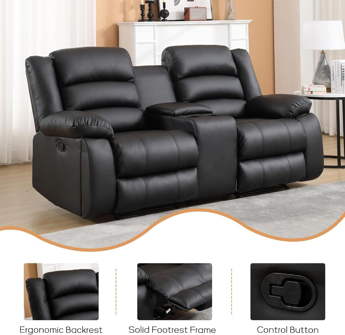 EBELLO Faux Leather Manual Loveseat Recliner, Reclining Sofa Chair with 2 Concealed Cup Holders, Hidden Storage, Overstuffed Armrest Couch Set for Living Room, Bedroom, Meeting Room(Loveseat)