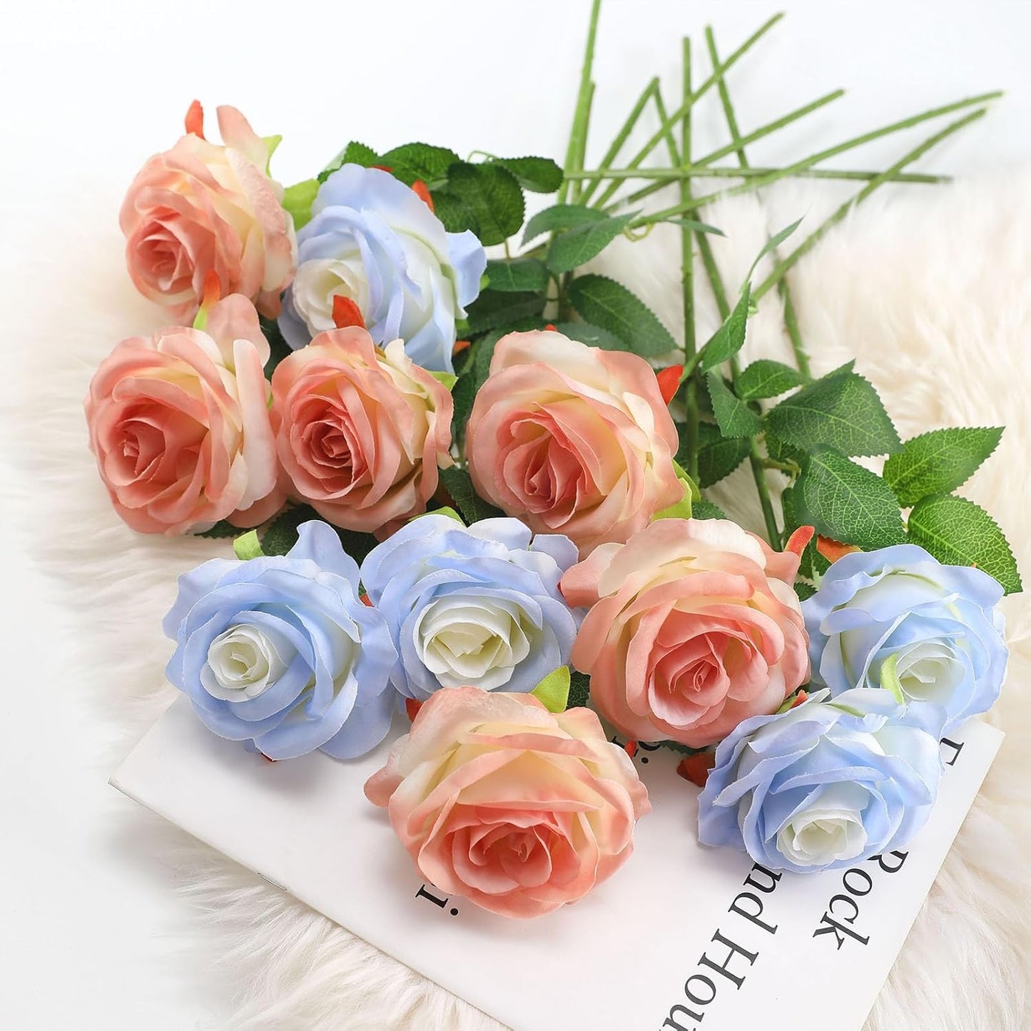 Pink Fake Roses Artificial Flowers - 10 Pcs Fake Artificial Roses Silk Flowers with Stems for Home Wedding Hotel Office Centerpiece Decor（Gradient Pink）