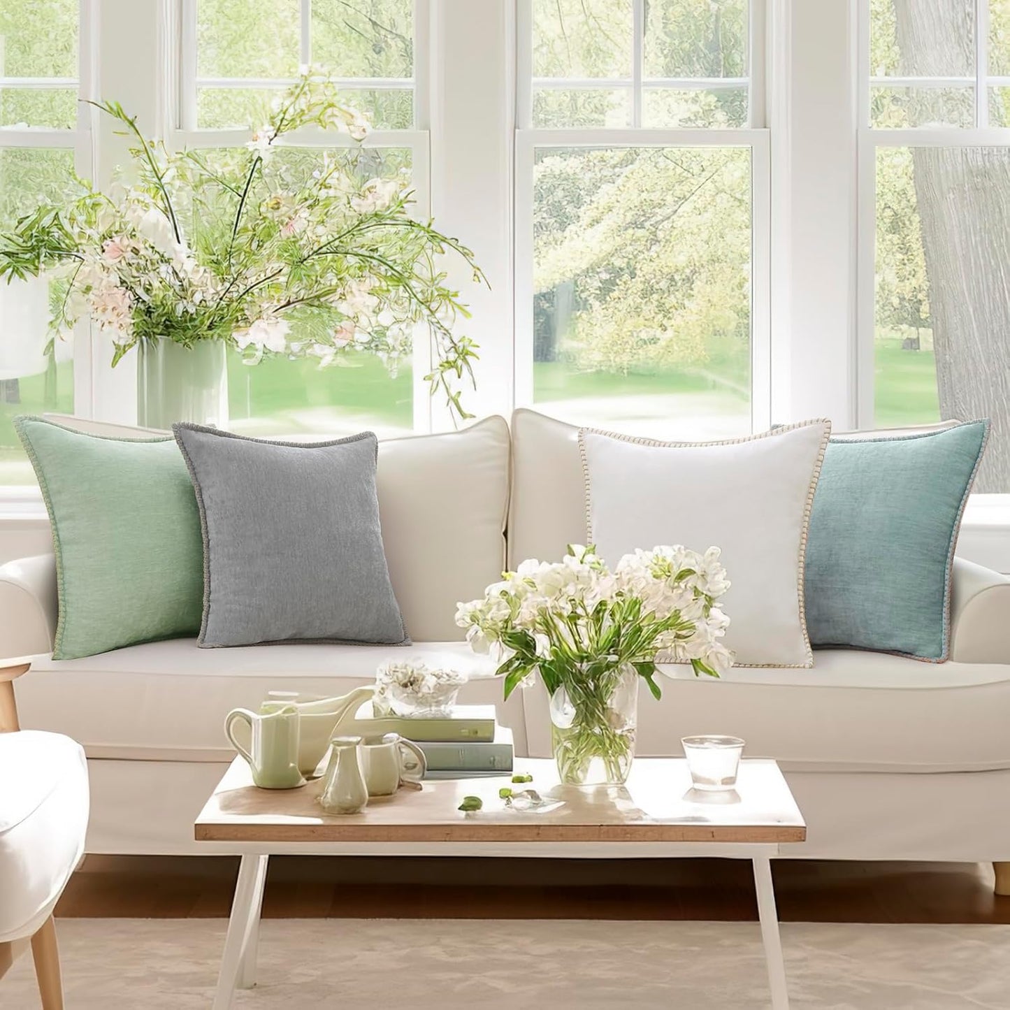 decorUhome Chenille Soft Throw Pillow Covers 26x26 Set of 2, Farmhouse Velvet Neutral Decorative Euro Pillow Covers with Stitched Edge for Couch Sofa Bed Home Decor, Aqua Haze