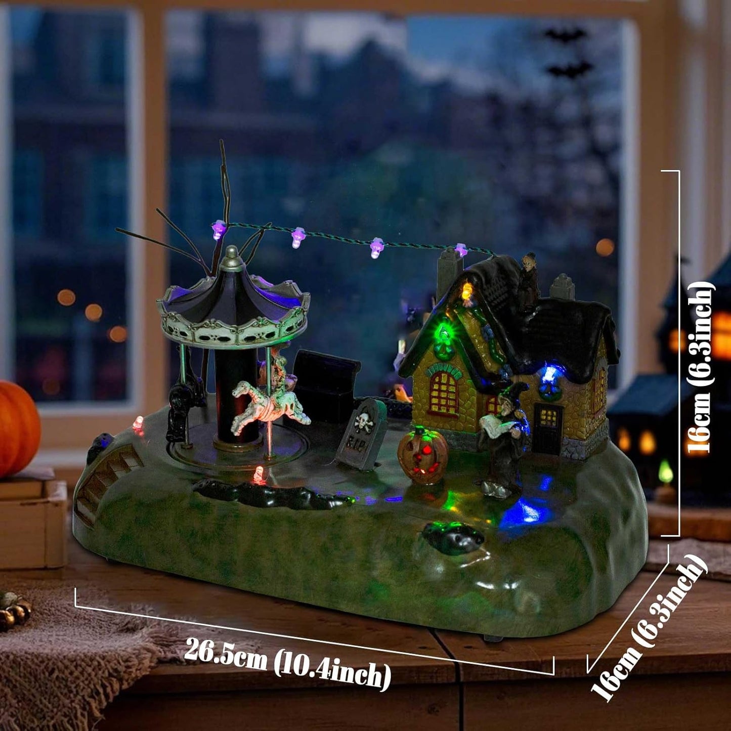 Animated Halloween Village House with Seesaw and LED Lights, Battery Operated Indoor Use only.