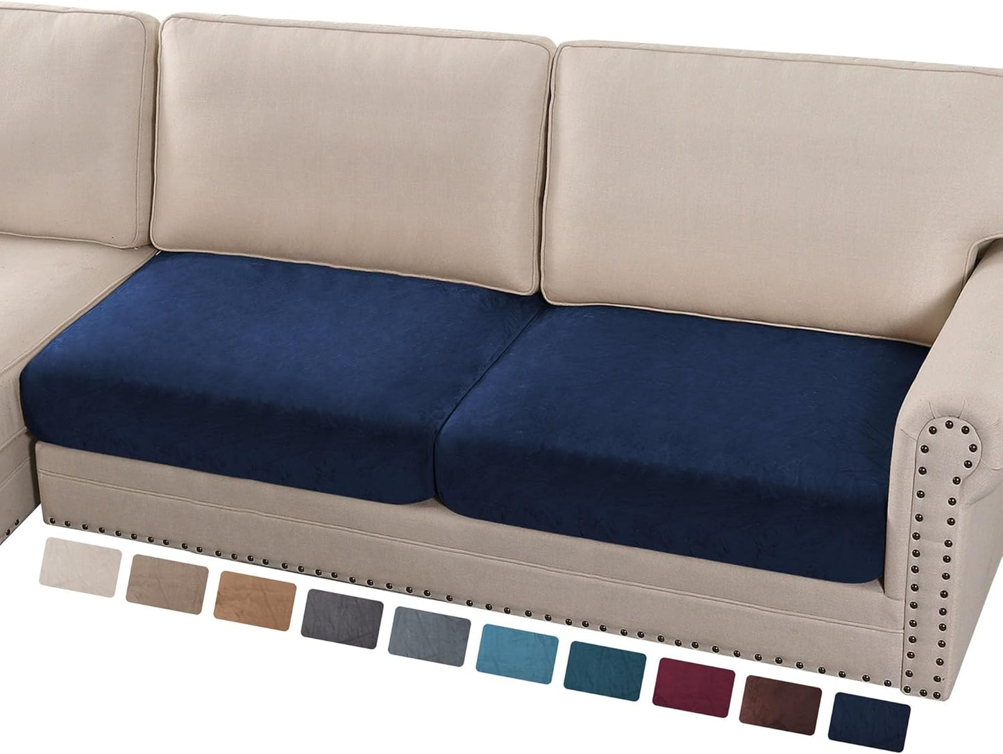 PrinceDeco Velvet Couch Cushion Cover Soft Stretch Cushion Slipcover for Chair Loveseat Sofa Cushion Furniture Protector Seat Cushion Sofa Cover (2 Piece Large Sofa Cushion Covers, Navy)