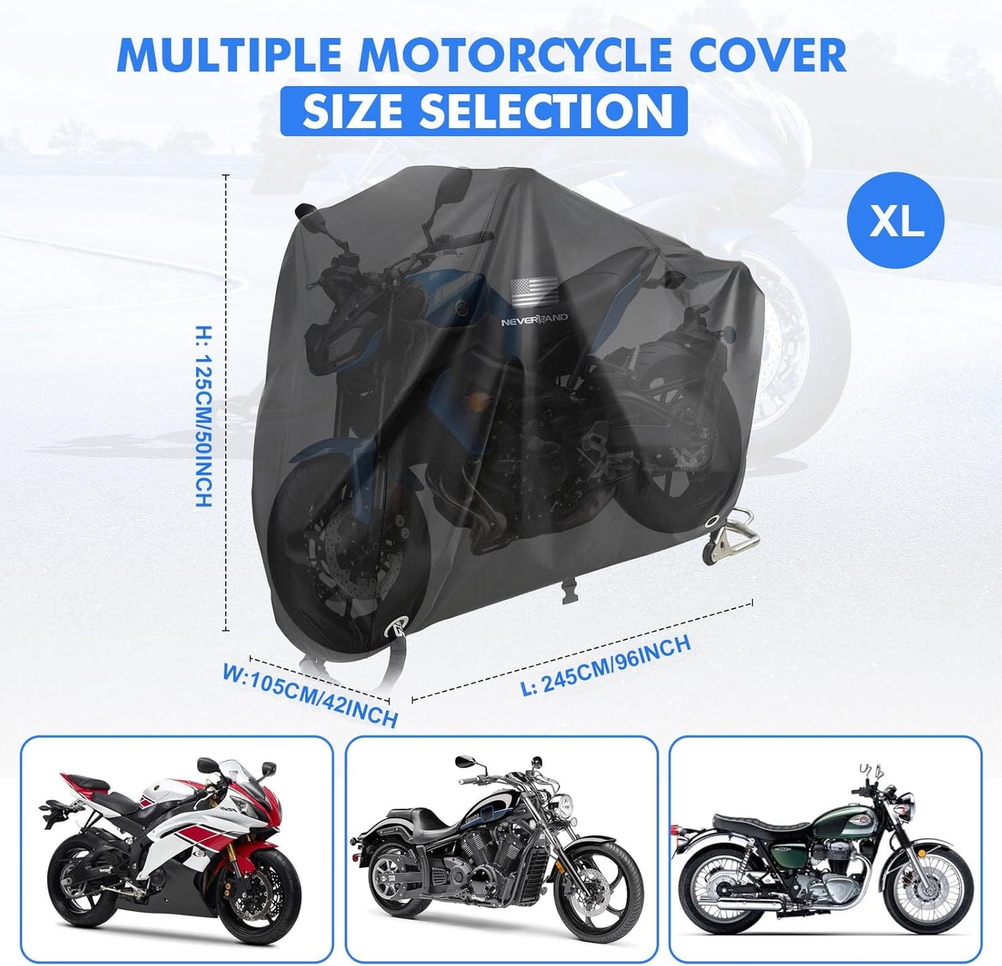 NEVERLAND Motorcycle Cover Waterproof Outdoor - Black Heavy Duty Scooter Cover, Motorbike Cover with Refletive Logo, Lock-Hole, Bandage, Storage Bag-Protect Against Dust, Debris, Rain and Weather(XL)