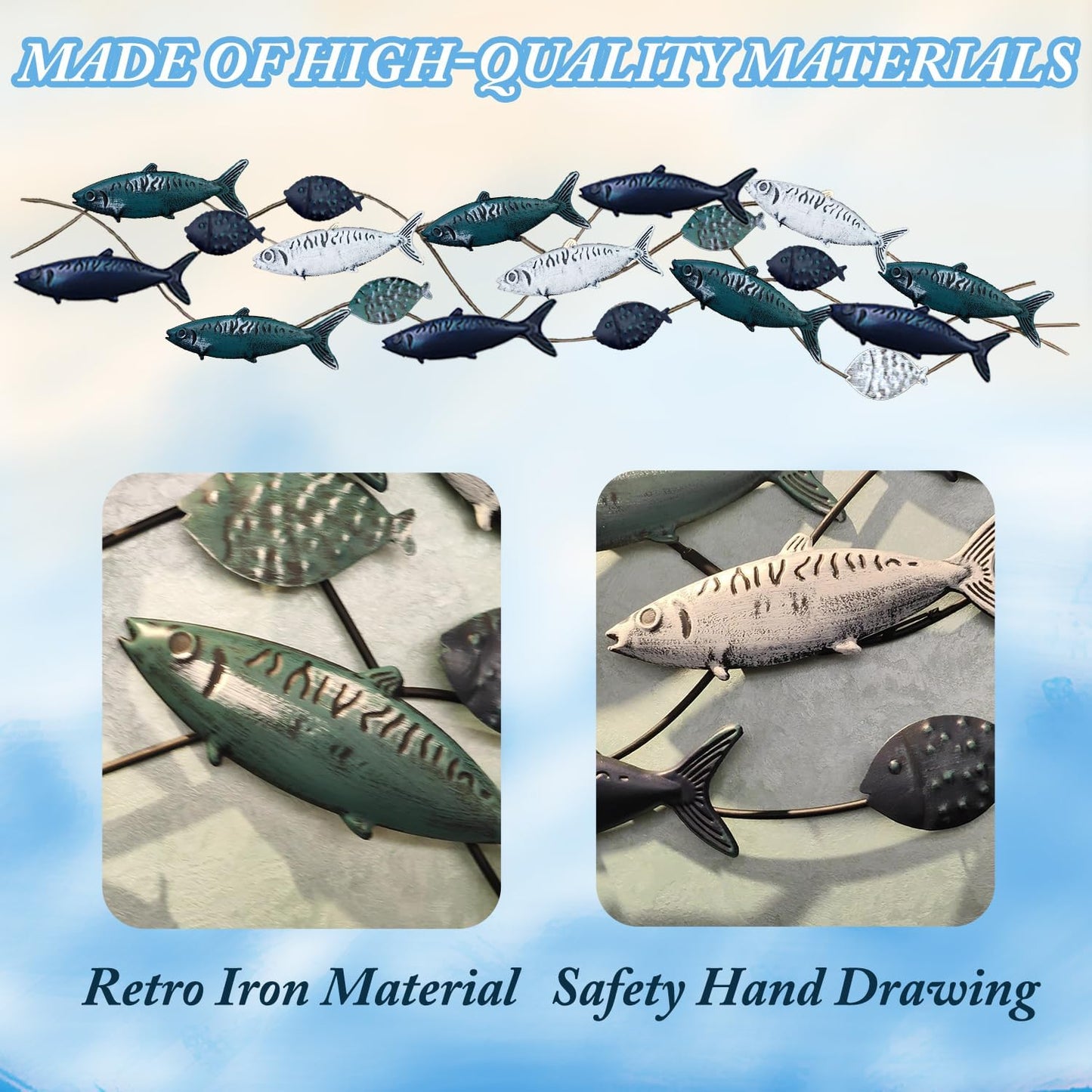 edaknez Large Fish Wall Art, Coastal Nautical Decor, Outdoor Indoor Metal Wall Art, School of Fish Wall Sculpture, for Living Room, Bedroom Beach or Boat Decor (55 x 13 inch)