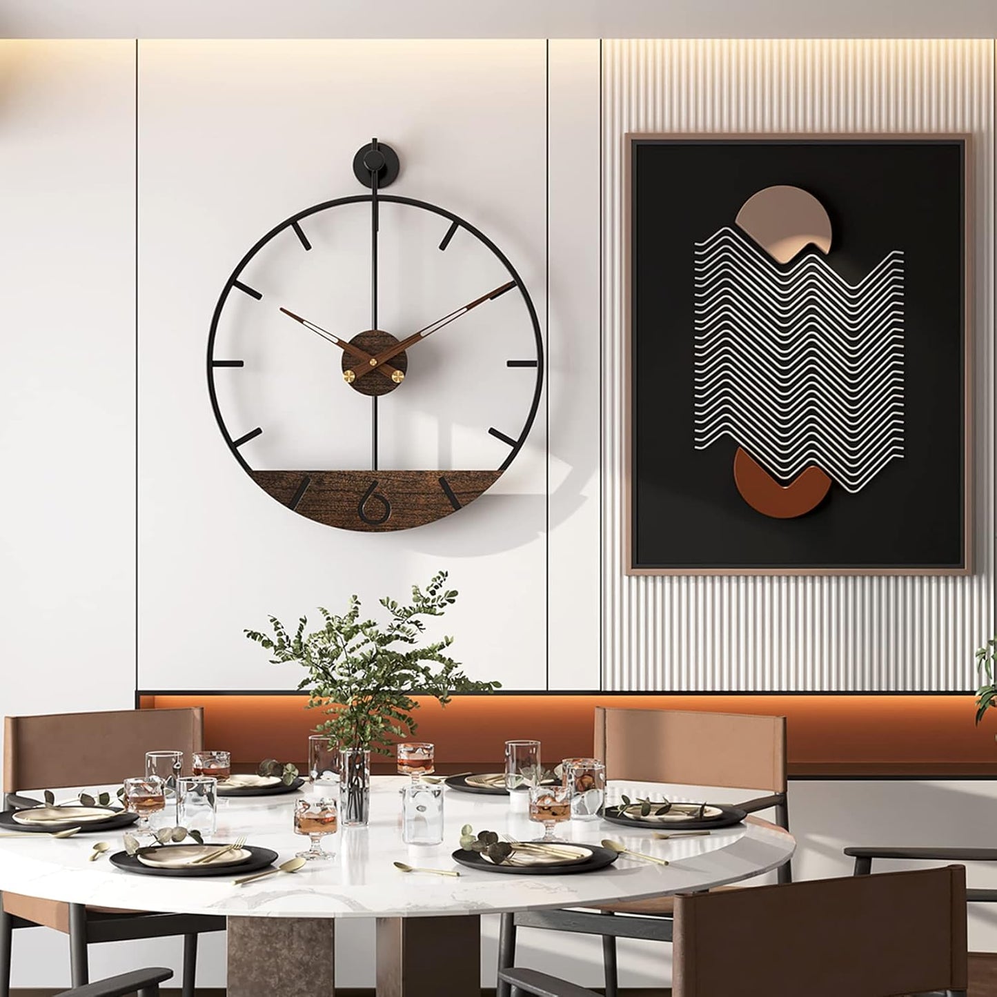 Modern Wood Walnut Dial Wall Clock, Large Simple Wall Decor Metal Frame Silent Non Ticking Clock for Living Room Decor, Kitchen, Bedroom, Study Decoration, Handmade Home Gift Idea, 15.8 in