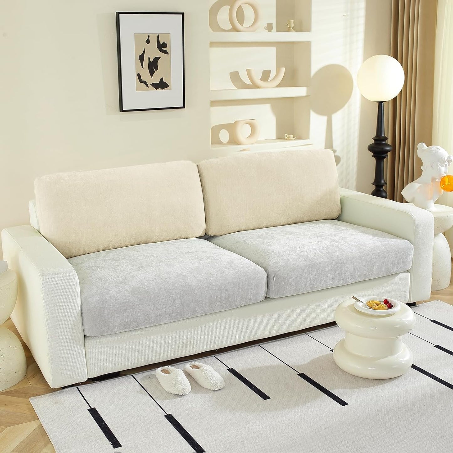 Large Backrest Cushion Covers Super Stretch for 2 Couch Back Cushions, Featuring Chenille Yarn (Softer Version, 2PC, Beige)