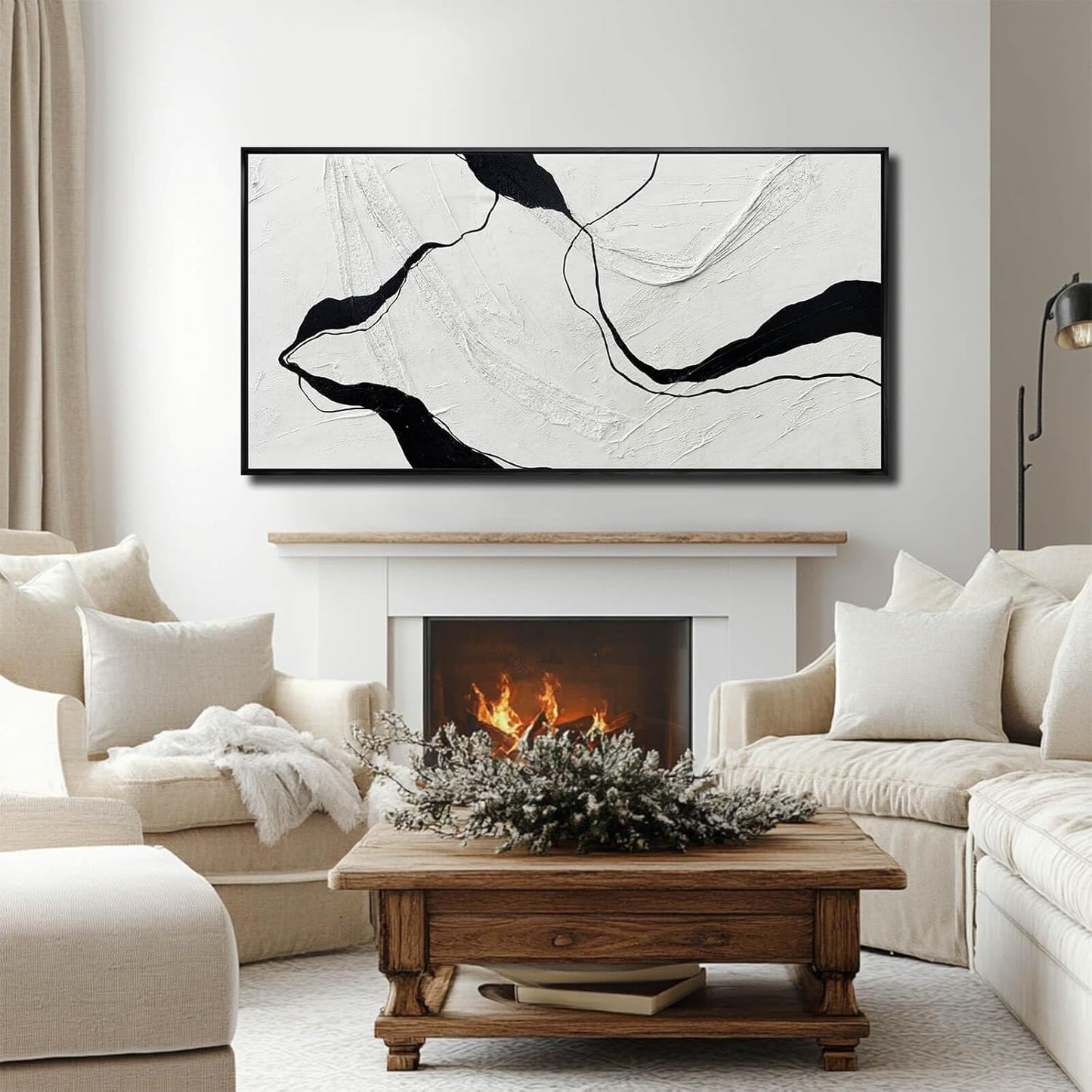Large Framed Abstract Wall Art 29"x58" Black and White Contemporary Line Canvas Neutral Wall Decor for Modern Living Room Office Bedroom