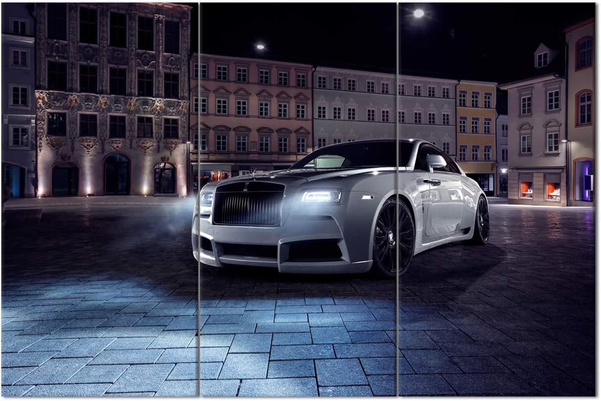 TUMOVO 3 Pieces Wall Art Cityscape and White Supercar Painting Pictures Print On Canvas Car The Picture for Home Modern Decoration Stretched by Wooden Frame Ready to Hang - 40 x 20inch x 3 Panels