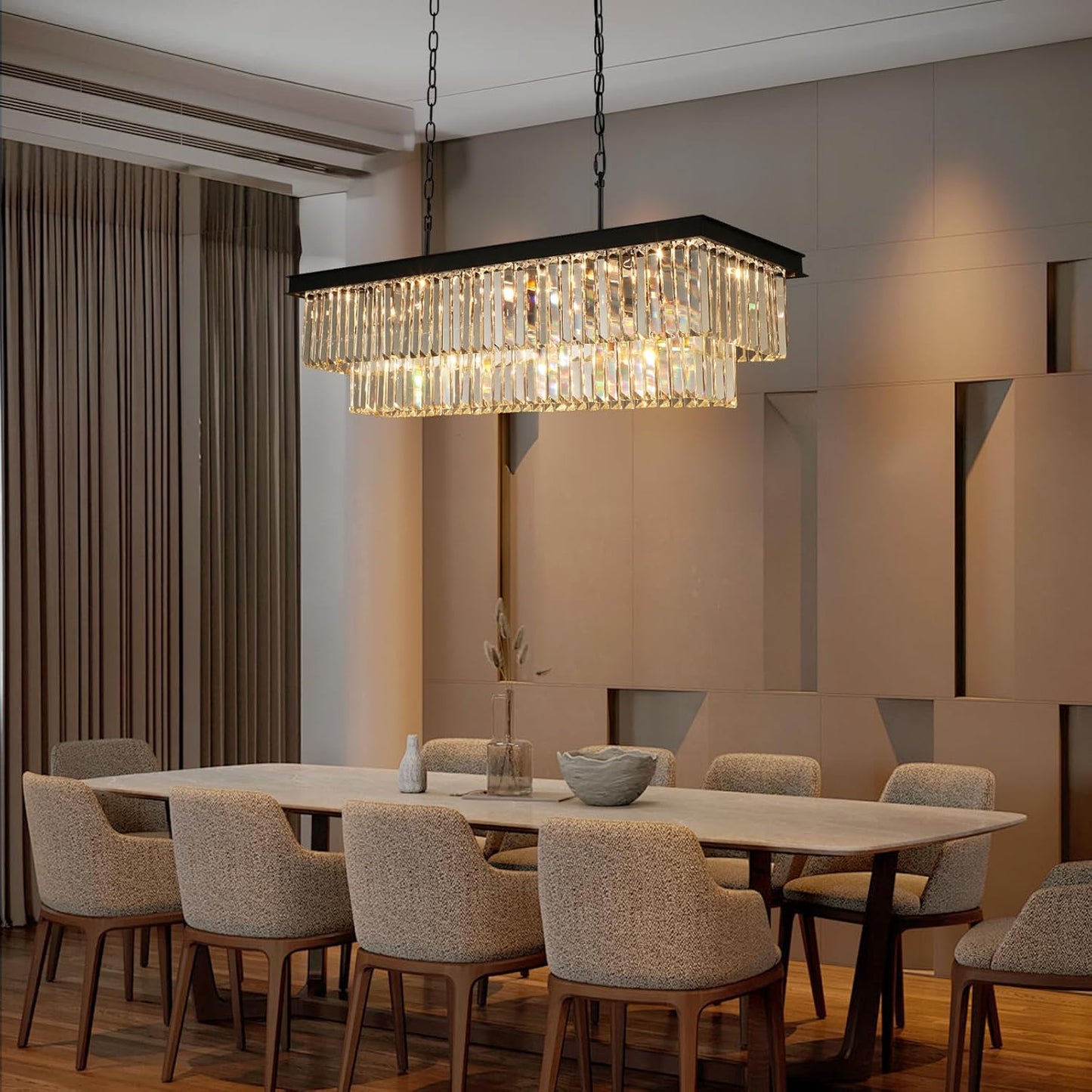 Crystal Chandeliers for Dining Room Light Fixtures Over Table，15-Lights Black Modern Rectangle Chandeliers for Kitchen Island Bar L40 Inch