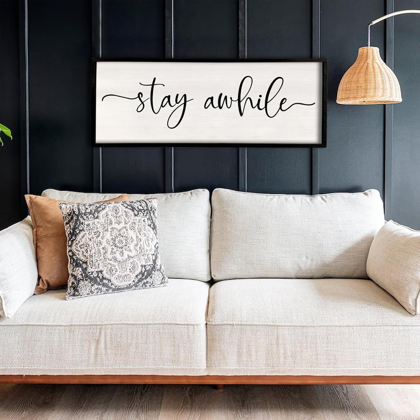 Stay Awhile Sign Wall Decor 32"X12" Large Solid Wood Frame For Hallway Living Room Entryway Farmhouse Wall Art Lets Stay Family Home Rustic Hanging Decoration (Black)