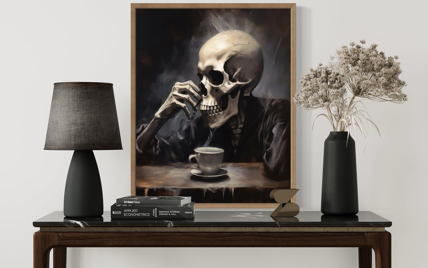 Skull Drinking Coffee Poster Art Print, Halloween Scary Vintage Wall Art Academia Spooky Painting Decoration for Horror Prints, Gothic Posters Bedroom Decor 89 (Skull Drinking Coffee, 11 x 14 inches, Wood Frame)