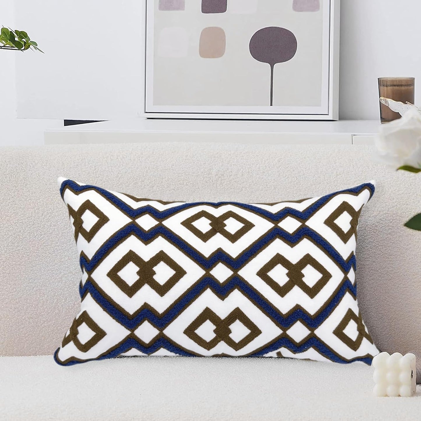 Alysheer Embroidered Lumbar Decorative Throw Pillow Cover 12"x 20", Classic Boho Geometric Embroidery Pattern Cotton Rectangular Cushion Case for Sofa Couch Living Room Bedroom(Blue Brown)