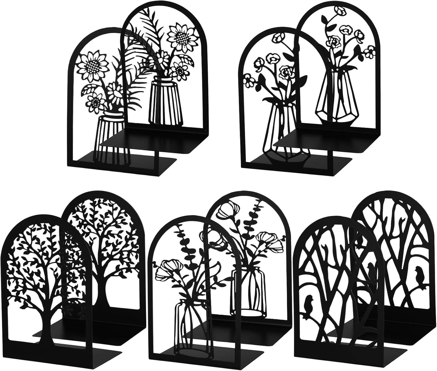 Faccito 5 Pairs Book Ends, Black Metal Bookends for Shelves Decorative, Non Skid Tree Stopper and Flower Shelf Holder for Heavy Books, Home Office School Supplies (Classic)