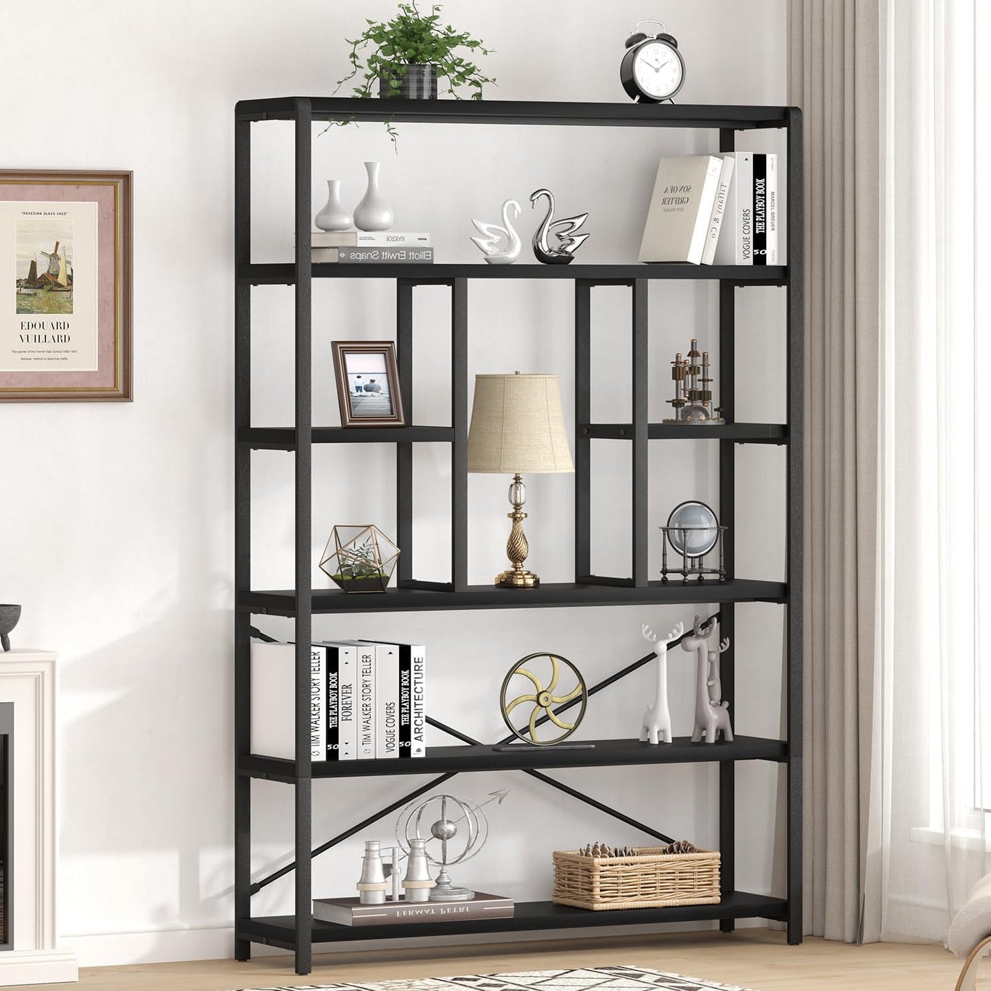 LVB 6 Tier Tall Black Bookshelf, Modern Large Wide Book Rack Storage, Industrial Wood Metal Etagere 6 Shelf Bookcase, Farmhouse Open Display Book Shelf Organizer for Bedroom Living Room Office, Black
