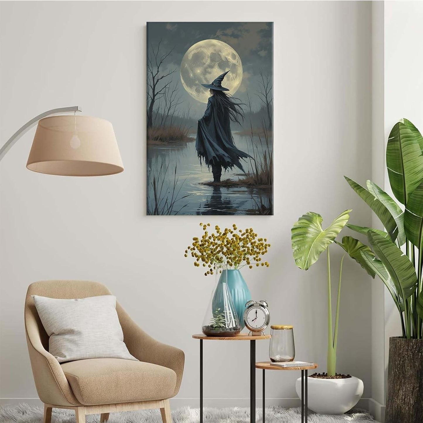 Witch in the moonlight magic canvas wall art enchanting Halloween home decor swamp witch silhouette oil painting mysterious gothic aesthetic wall decor print poster20x30in Wood Framed