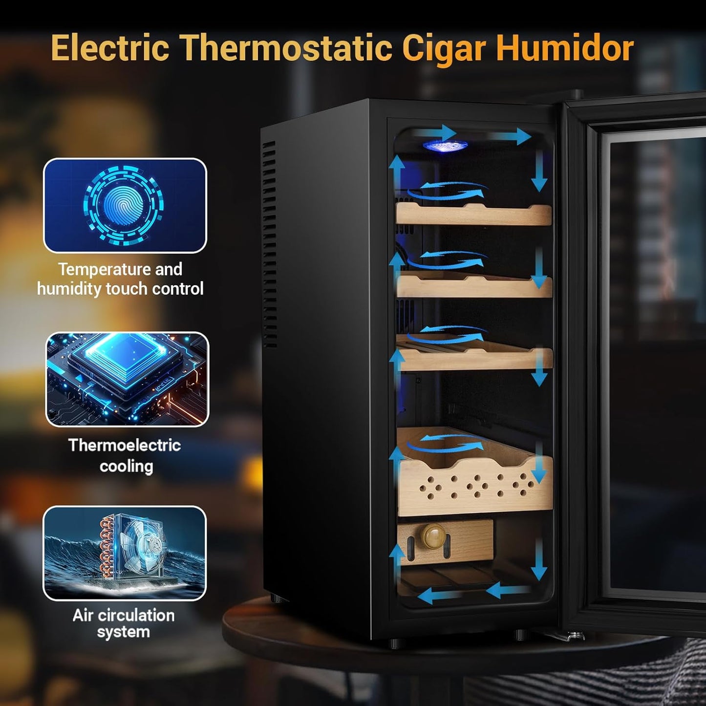 Electric Humidor for Cigars, 35L 250 Counts Large Capacity Thermostatic Desktop Humidor Cabinet with Digital LED Screen, Safety Lock,Smart Humidity & Temp Control, Gifts for Men