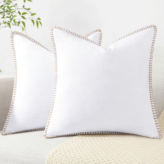 decorUhome Chenille Soft Throw Pillow Covers 26x26 Set of 2, Farmhouse Velvet Neutral Decorative Euro Pillow Covers with Stitched Edge for Couch Sofa Bed Home Decor, White