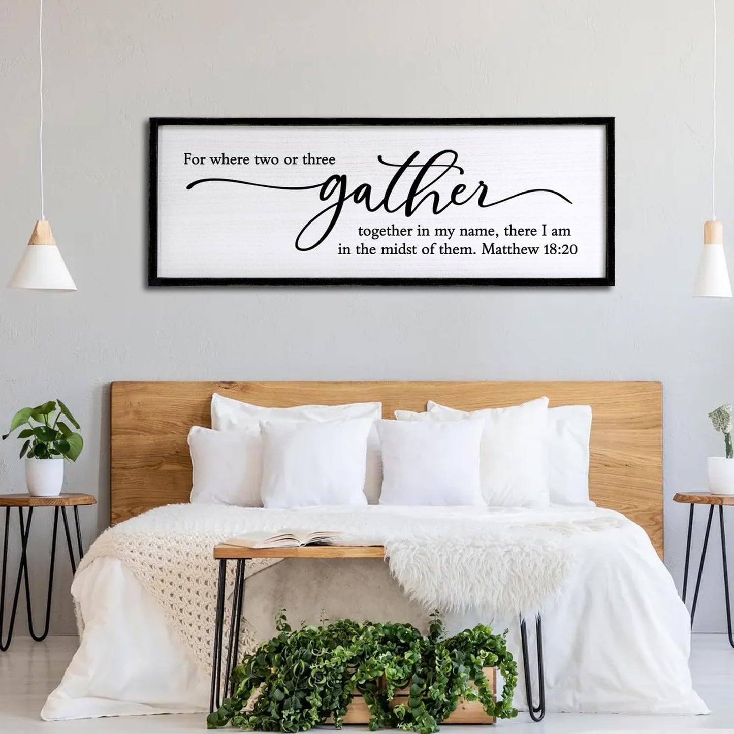 For Where Two Or Three Gather Sign Dining Room kitchen Wall Decor Bible Verse Scripture Matthew 18:20 Wooden Frame 32X12 Inch for Christian Family Hanging Art (Black)