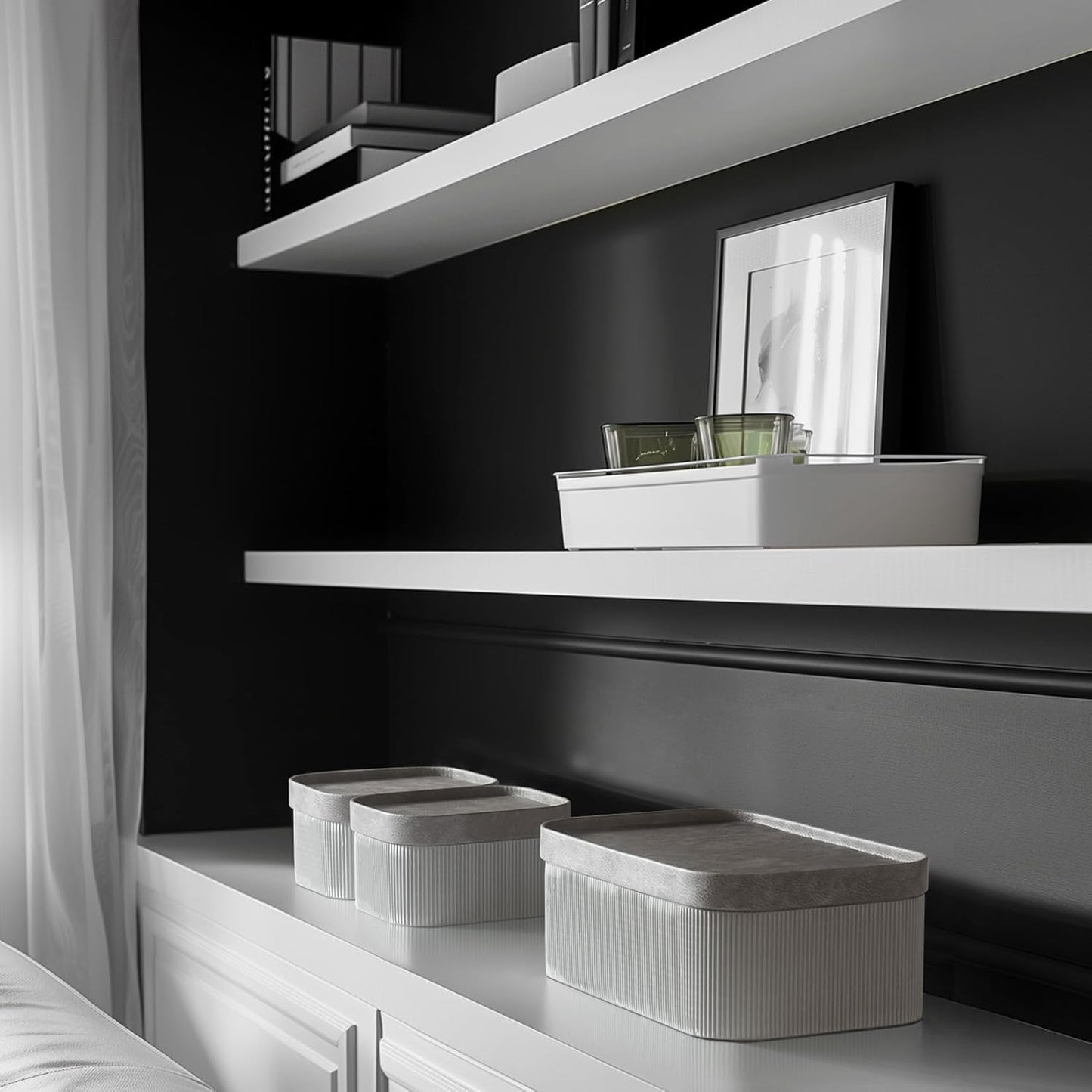 La Jolie Maison Fluted Cardboard Storage Baskets with Vegan Leather Lids, Sturdy Stackable Paper Boxes Decorative Tray, Modern Basket Organizer Bins Bathroom Bedroom Organizing, Storm Grey, Set of 3