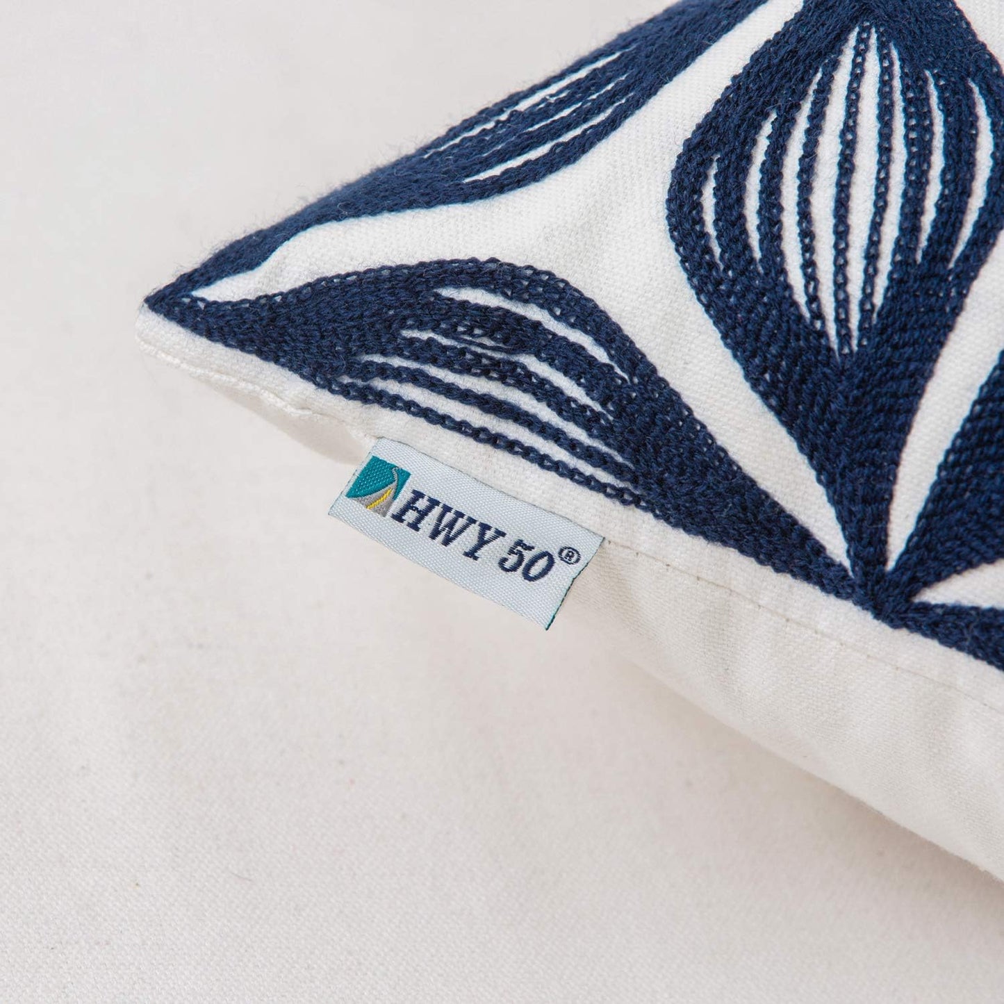 HWY 50 Navy Blue Decorative Throw Pillow Covers 18x18 Inch (1 Piece), Embroidered Cotton Farmhouse Cushion Cover Pillow Case for Sofa Couch Living Room Bed, Fashion Geometric