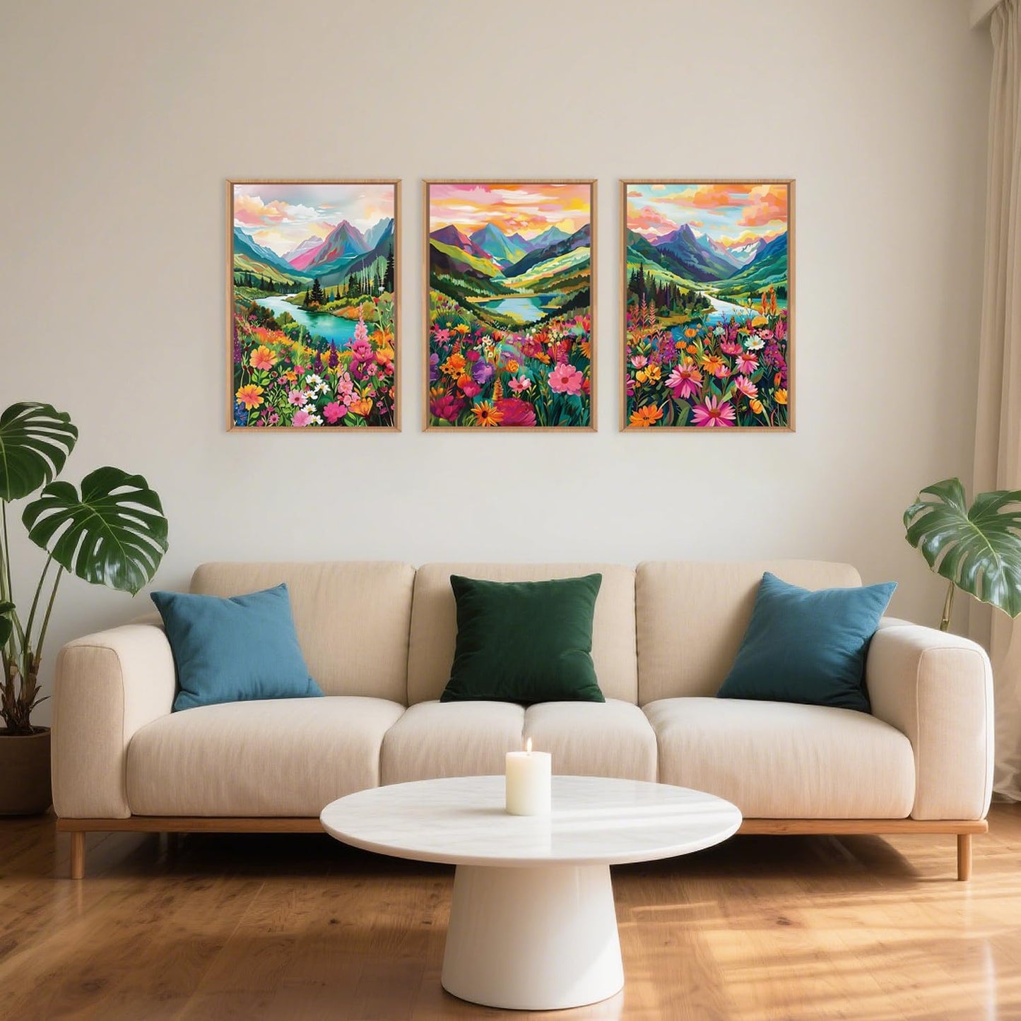 Wildflower Blossom Framed Canvas Wall Art Set, Colorful Flowers Painting, Abstract Landscape Wall Decor, Natural Ridge Floral Art Print for Living Room, Dining Room, Office - 16"x24"x3