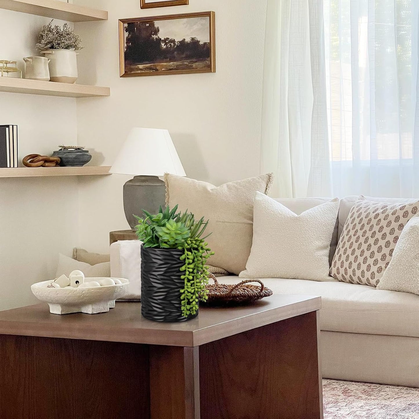 Artificial Succulents in Pots Faux Succulents Plants Fake Succulent Arrangement Potted Plants with Black Ceramic Vase for Office Desk Bathroom Shelf Living Room Indoor Home Decor Large