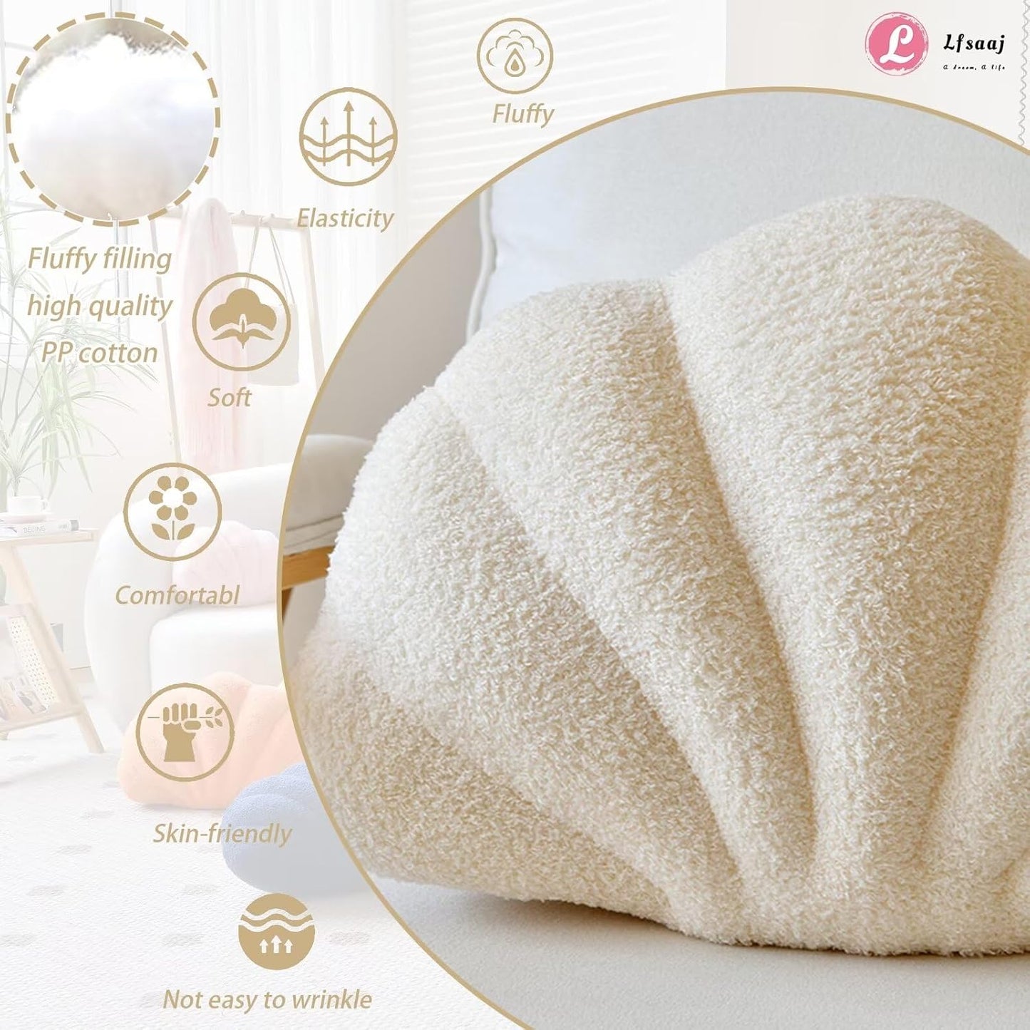 Seashell Throw Pillows, Shell Shaped Throw Pillows, 18 Inch Soft Home Decorative Pillow Plush Cushion for Bed Couch Living Sofa Room Decor Accent Throw Pillow (Beige 18Inch)