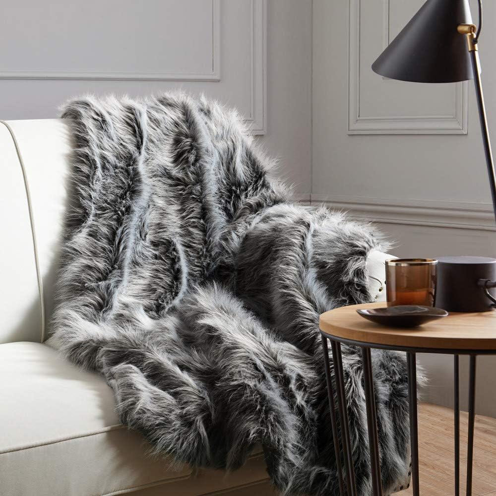 Luxury Faux Fur Throw Blanket, Grey and Black High Pile Mixed Throw Blanket, Super Warm, Fuzzy, Elegant, Fluffy Decoration Blanket Scarf for Sofa, Couch and Bed, 60''x 80''