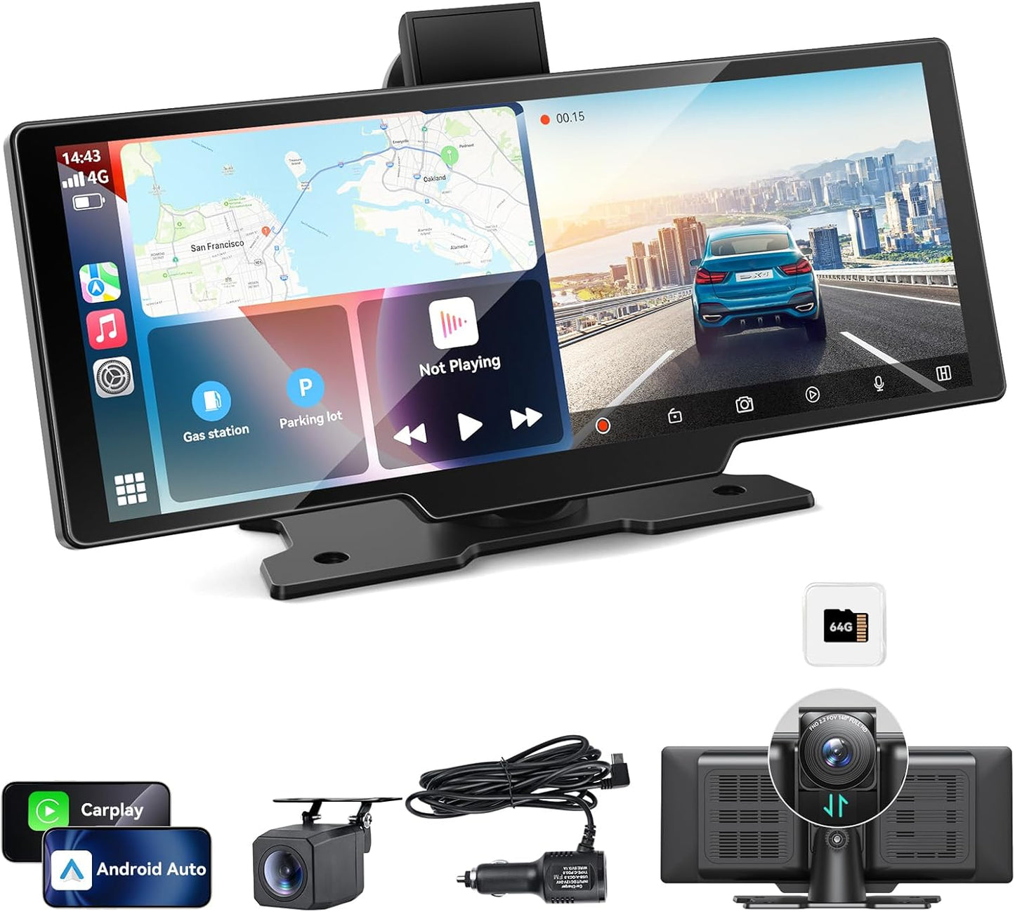 10.26" Carplay Screen for Car,Portable Car Play Screen with 4K Dash Cam,Carplay,Android Auto,1080P Backup Camera,GPS Navigation,Bluetooth,Loop Recording (10.26inch)