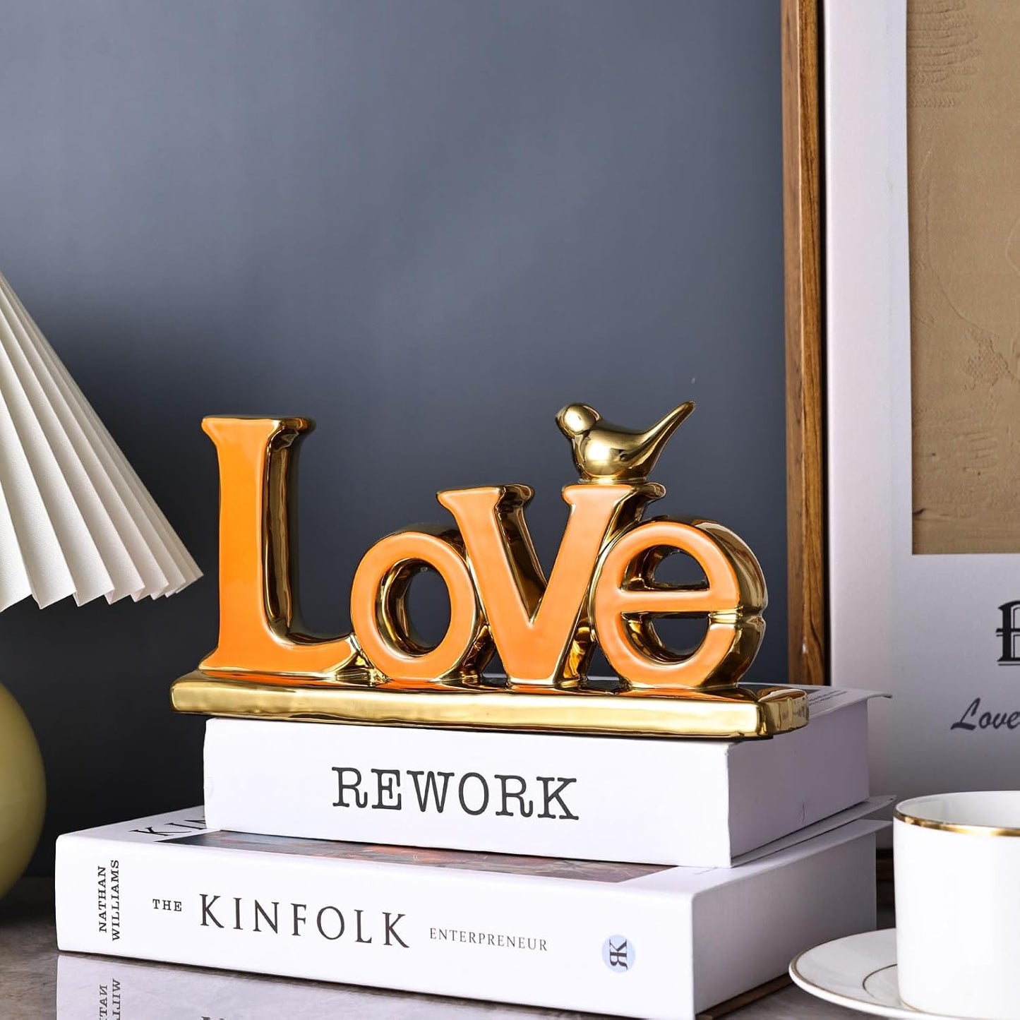 Love Sign Decoration - Orange & Gold Signs for Home Decor, Personalized Love Decor with Gold Bird Sculpture (2 Pcs)