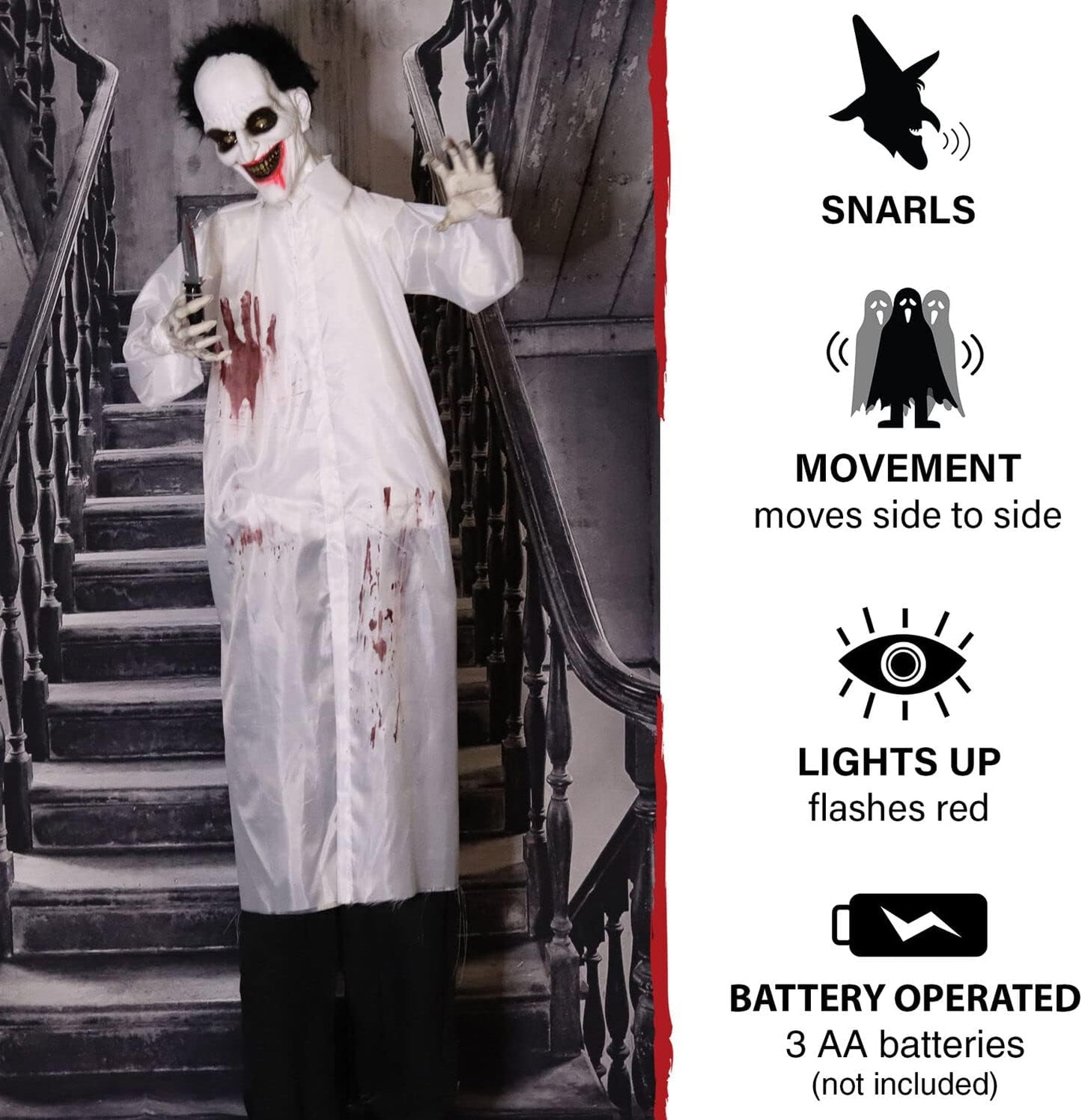 Haunted Hill Farm Life-Size Scary Animatronic Doctor with Touch Activated Lights and Sounds, Indoor or Covered Outdoor Spooky Halloween Decorations for Home or Haunted House, Battery-Operated