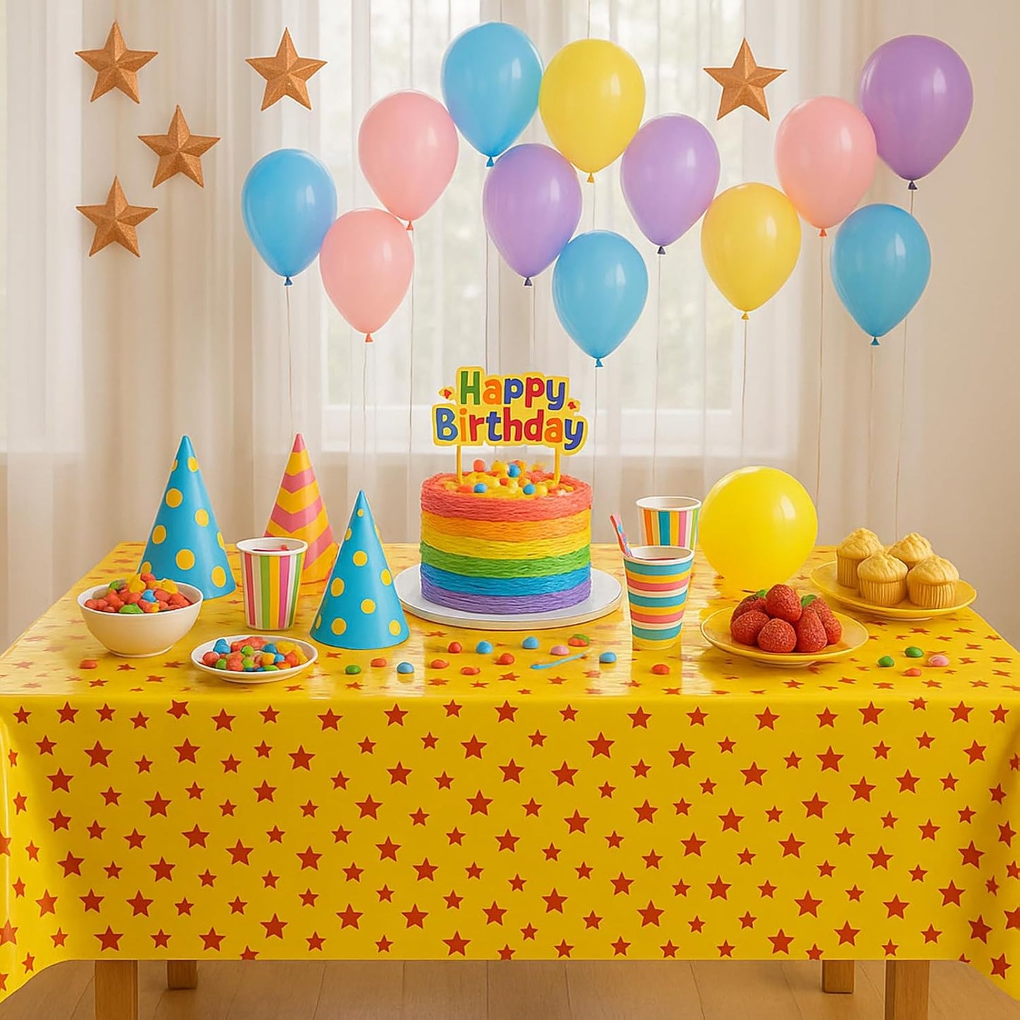 iCius Anime Theme Tablecloths 3-Pack Yellow and Red Stars Print 108"x54" - Disposable Table Covers for Cosplay Birthdays, Vedio Game Themed Party Decor Supplies