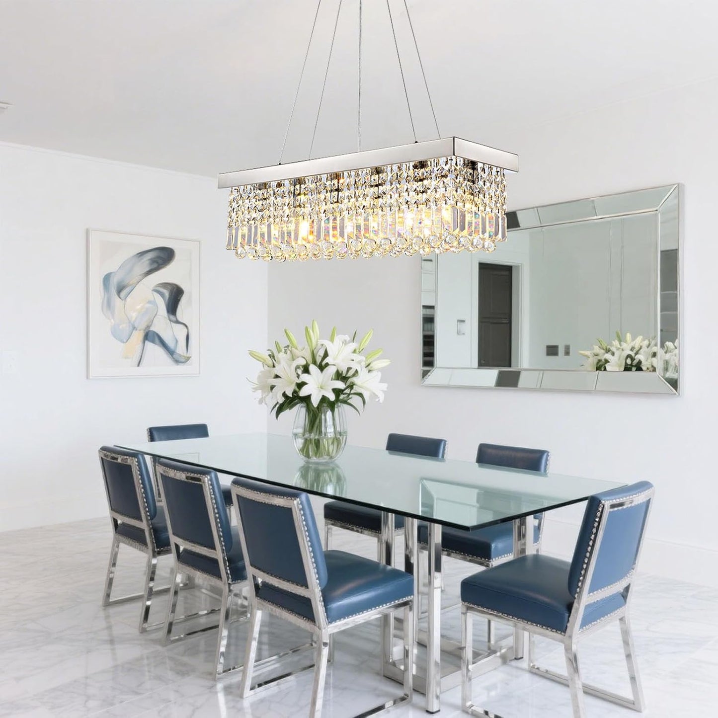 Modern Crystal Chandelier for Dining Room,6 Light K9 Crystal Rectangle Chandelier, Rectangular Pendant Ceiling Light Fixture for Living Room Kitchen Island L31.5''xW10''xH10''