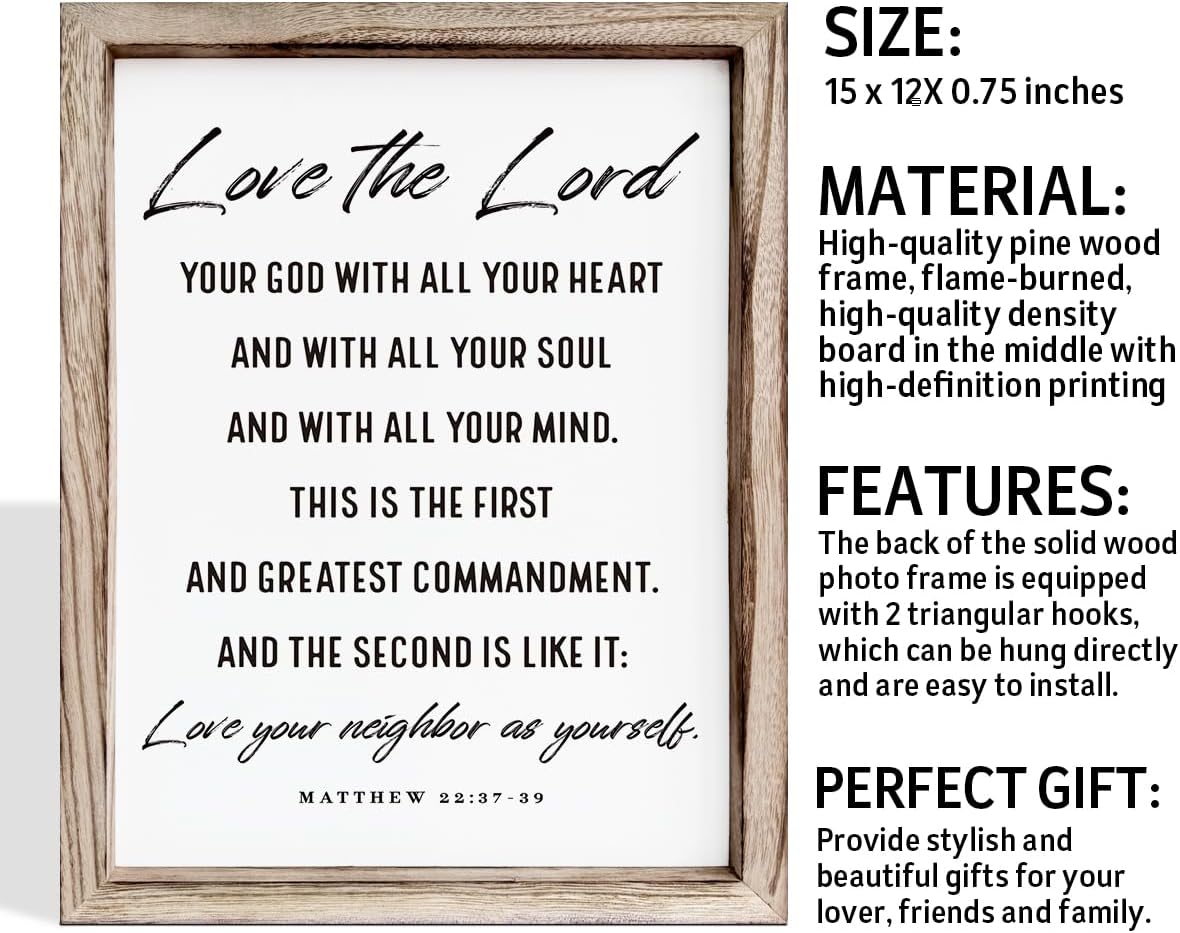 Christian Wall Plaque, Master Bedroom Decor Above Bed, Rustic Farmhouse Christian Decor, Matthew 22:37-39 Signs, Framed Wall Plaque Sign 15 * 11.5 inches, Love the Lord Sign