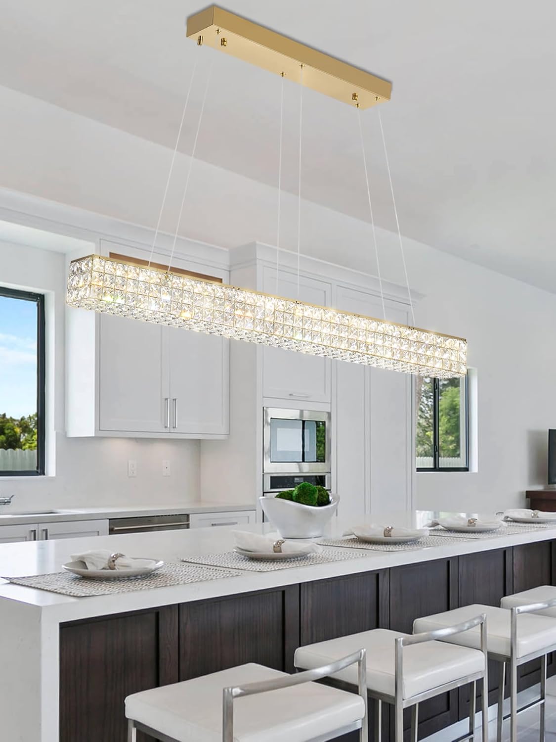 W48 Rectangular Gold Crystal Chandelier Modern Rectangle Pendant Ceiling Light Fixture for Living Room Dining Room Kitchen Island Bar