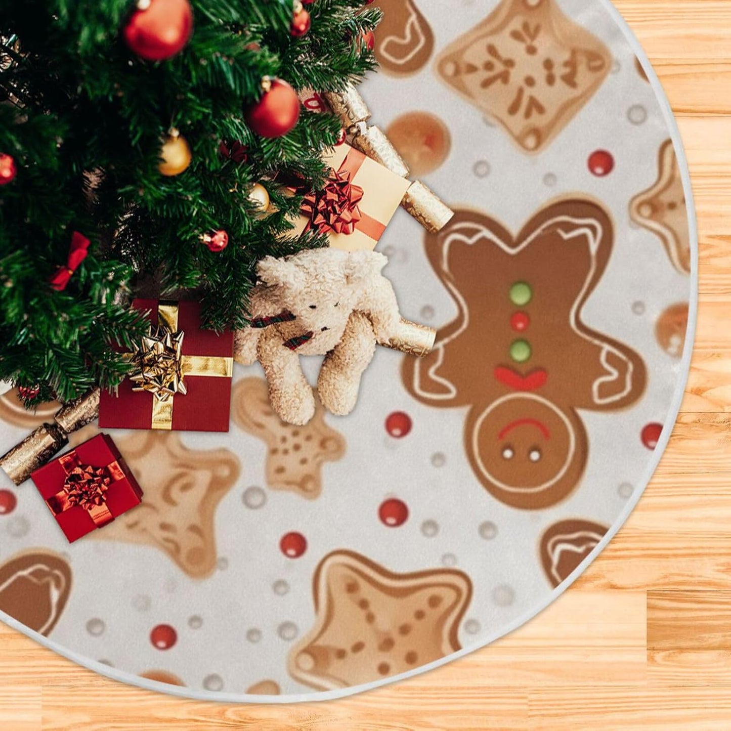 Gingerbread Christmas Tree Skirt - 36 Inch Xmas Tree Mat for New Year Party Decorations
