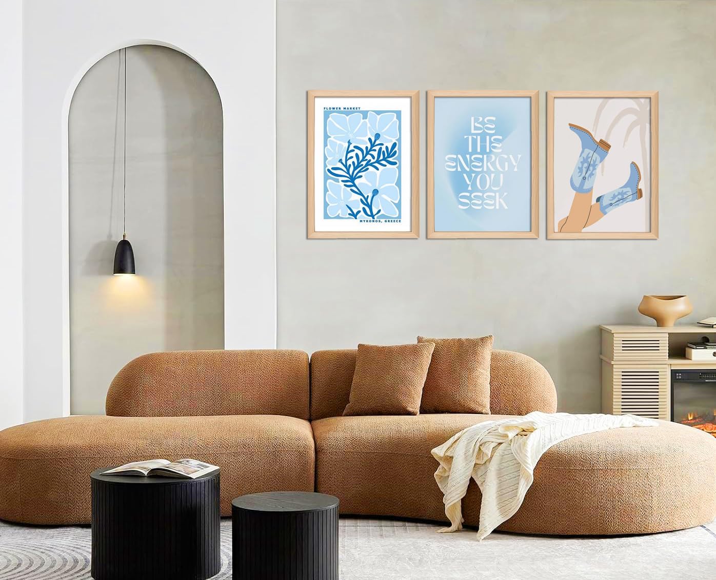 Blue Preppy Canvas Wall Art Set of 3 Trendy Cowgirl Boots Home Decor Flower Market Posters Prints Coastal Aesthetic Painting Picture for Girls Bedroom Bathroom Living Room Dorm 12x16Inch Wood Framed