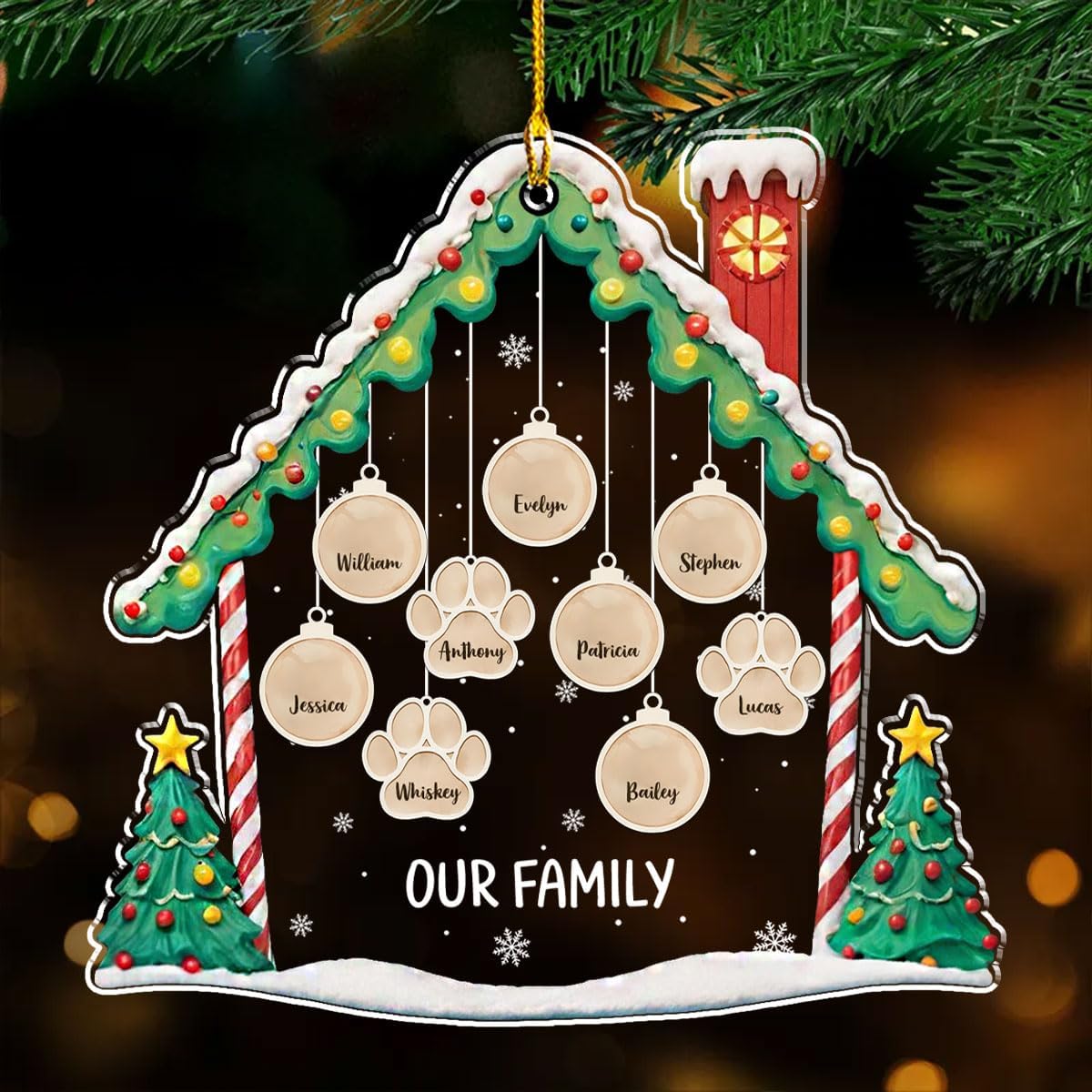 Personalized Family Christmas Acrylic Ornament 2024 - Custom Name Charms Family Members up to 10 People and Pets, Paw Charm Ornament Gifts for Family Tree Decoration (A02, 9 Names)