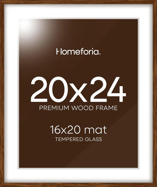 Homeforia 20x24 Picture Frame Brown, High End Dark Oak 20x24 Walnut Wooden Poster Frames with Mat 16x20, 20 x 24 Wood Frame Matted to 16 by 20, 24x20 Hanging Frames, Tempered Glass, Wall Kit, Set of 1