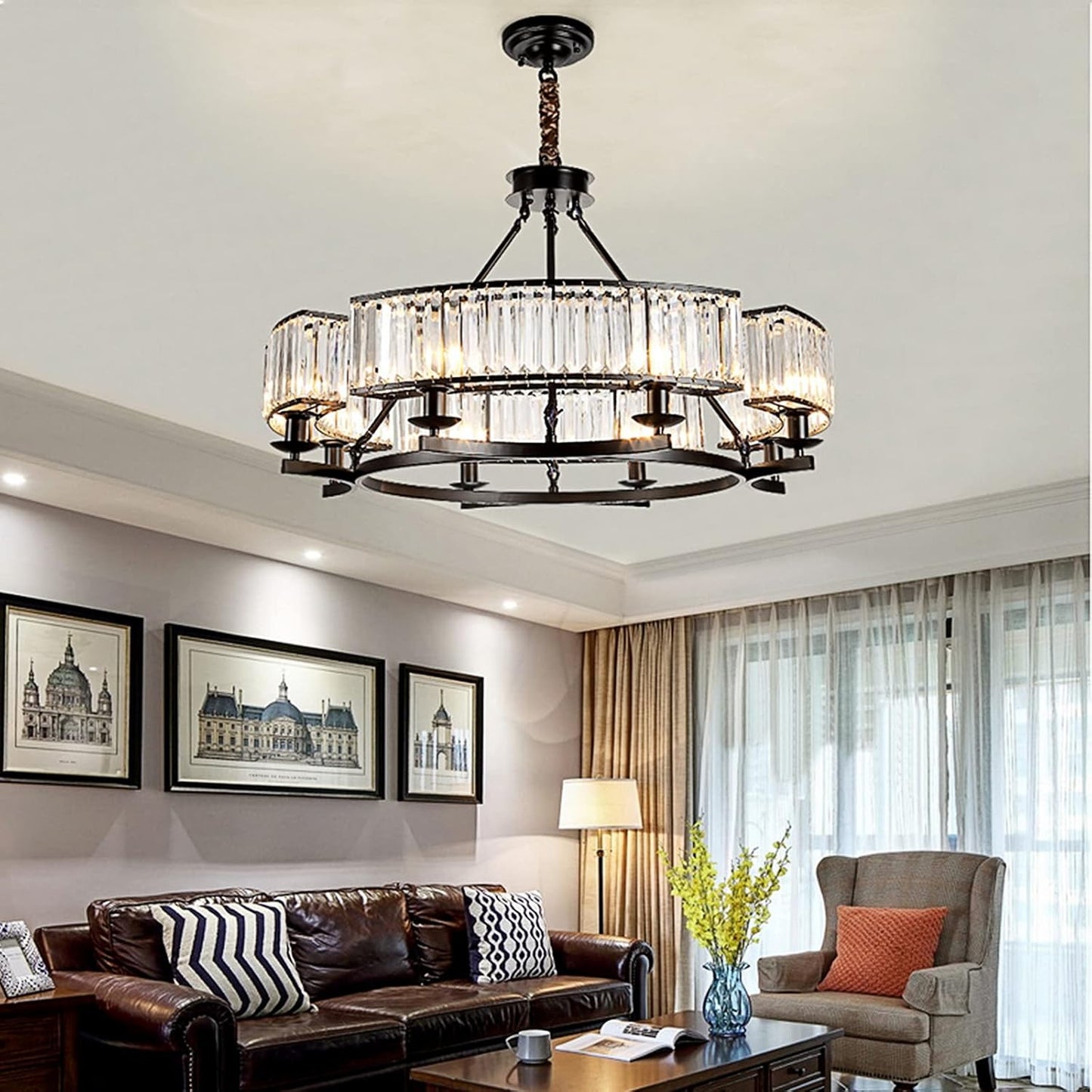 Farmhouse Crytal Chandeliers Dining Room Pendant Light Fixture Black Chandelier with K9 Crystal for Living Room Dining Room Foyer High Ceiling