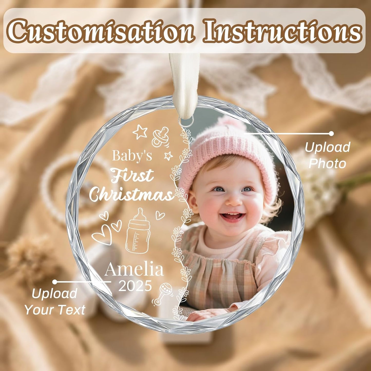 Personalized Baby's First Christmas Ornament 2025, Custom Christmas Photo Crystal Glass Ornaments with Name or Date, Personalized Christmas Tree Decor Gifts for Family, Friends,Pet or Baby