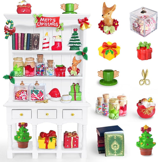 Dollhouse Miniatures Accessories 1/12 Scale, 34pcs White Wooden Bookshelf Furniture Kit - Mini Books&Gift Boxes, Candy Jars, Christmas Tree&hat, Dollhouse Christmas Decorations for Kids