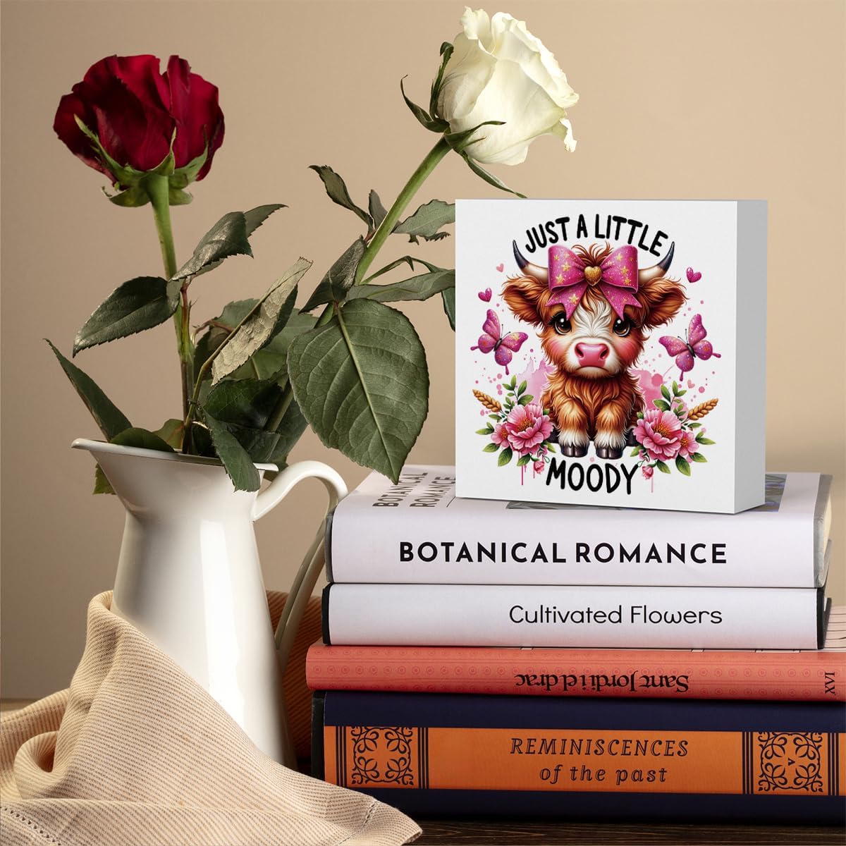 Cute Highland Cow Baby Decor, Cow With Pink Bow, Highland Cow Gifts for women, Highland Cow Decor, Highland Cow Nursery Decor, Wooden Box Decor Sign for Home Farmhouse Office Living Room Table Shelf