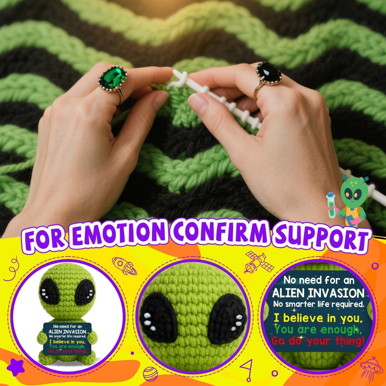 Cool Alien Decor Inspirational Gifts for Boys Girls Friends Positive Animal Crochet Alien for Daily Encouragement Self Affirmation Son Daughter UFO Geeky Decor