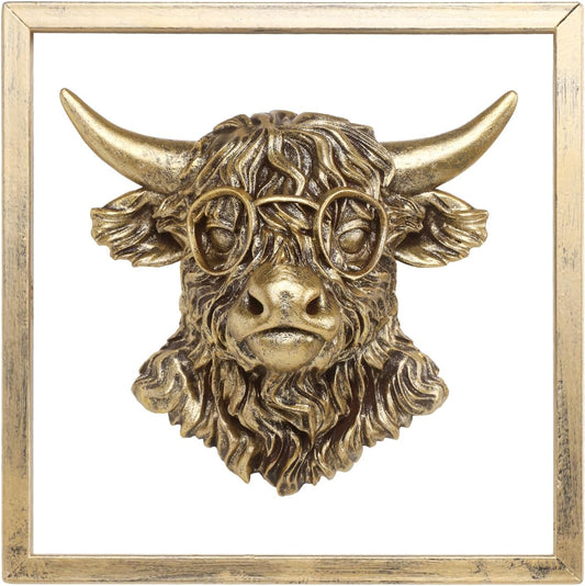 Animal Heads Wall Decor (Includes Metal Frame) Resin Animals Sculptures Head Wall Hanging Decoration Gold vintage Wall Sculpture for Living Room Bedroom Office(Highland cattle)