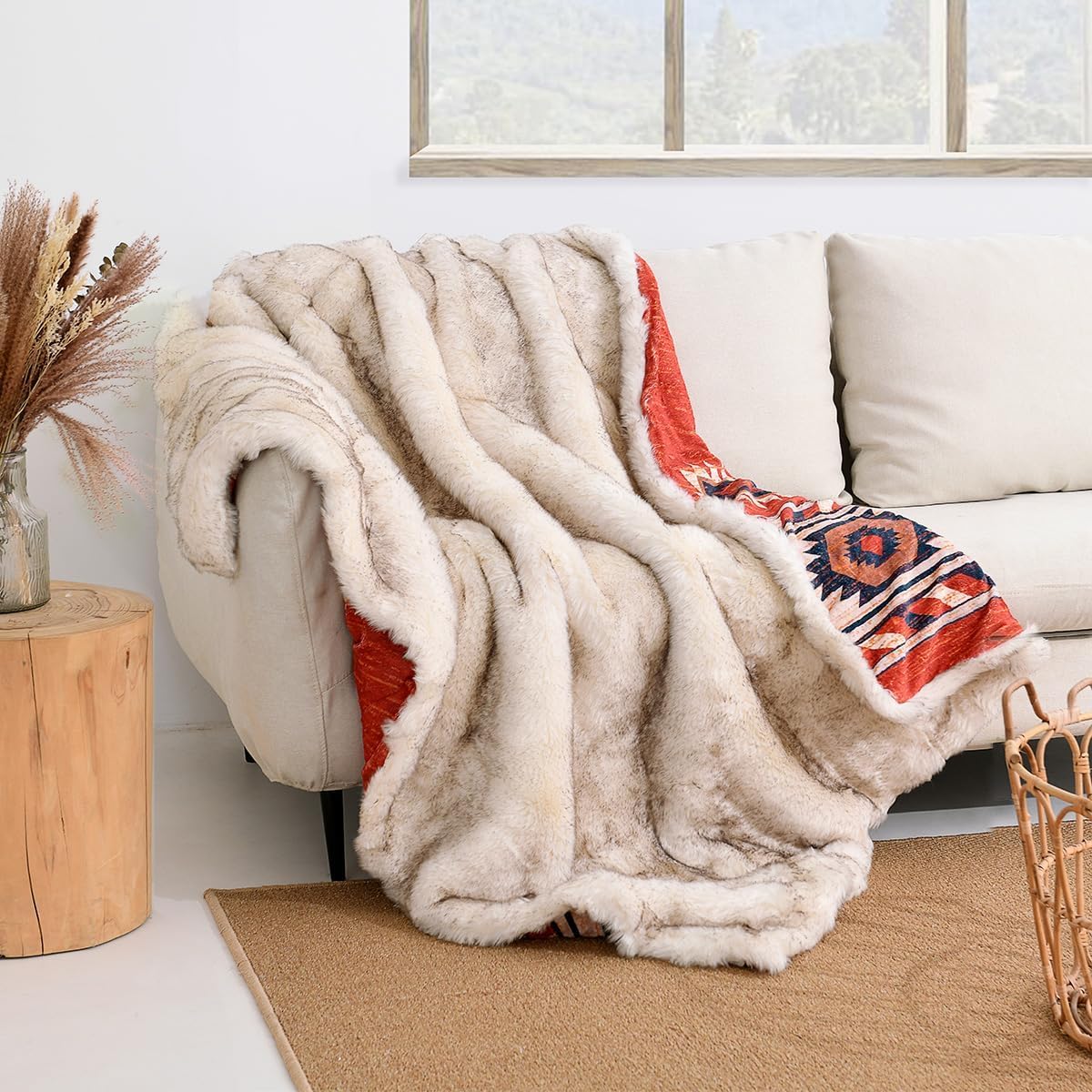 Luxury Plush Faux Fur Throw Blanket with Aztec Pattern, Super Warm, Fuzzy, Elegant, Fluffy Decoration Blanket for Couch, Armchair, Sofa and Bed, 50''x 60'', Red