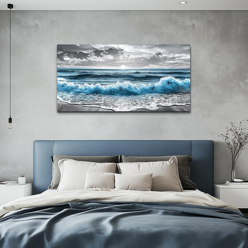 ZUITINGHUA Canvas Wall Art For Living Room Wall Decor For Bedroom Office Wall Decoration Sea Wave Landscape Painting Black And White Pictures Artwork Room Aesthetic Home Decor 20x40 In