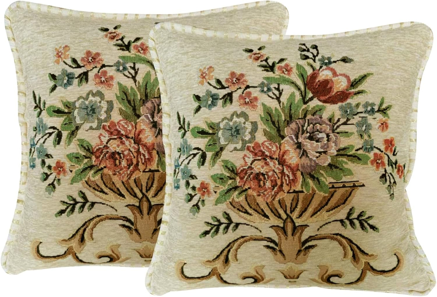Set of 2 Beige Vintage Throw Pillows Covers 18x18in，Floral Embroidered Cushion Cover for Sofa Bedroom，Euro Sham Covers Retro Home Decor Pillows Covers