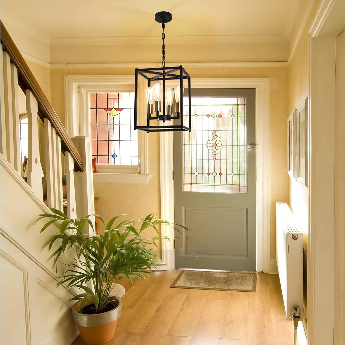 Lantern Pendant Light, 4-Light Gold Chandelier,Modernized Ceiling Hanging Light Fixture for Bedroom Kitchen Island Foyer Living Room Dining Room Hallway